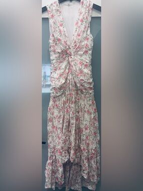 DEE ELLY Floral Knot Front Ruched Maxi Dress in Pink and Cream